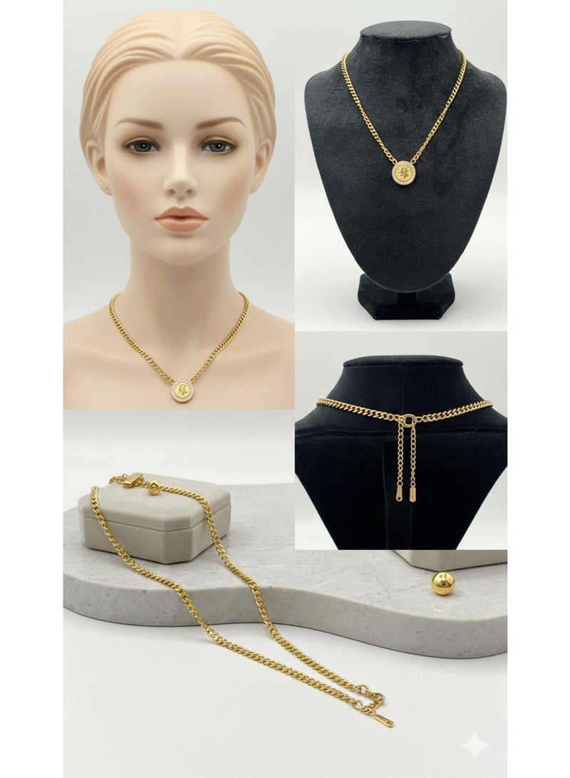 ورد سلسلة رقبة ذهبية أنيقة بدلاية دائرية لامعة، من الستانلس ستيل عالي الجودة، مناسبة للهدايا والمناسبات. - Image 5